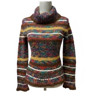 ONLY Women’s Multicolor Knit Rollneck Sweater Size S Boho Chunky Stripe Pullover